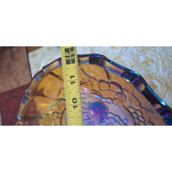 Carnival Glass 12" Oval 4- Footed Fruit Bowl- Amber- Fruit Motif- Indiana Glass - Picture 6 of 10